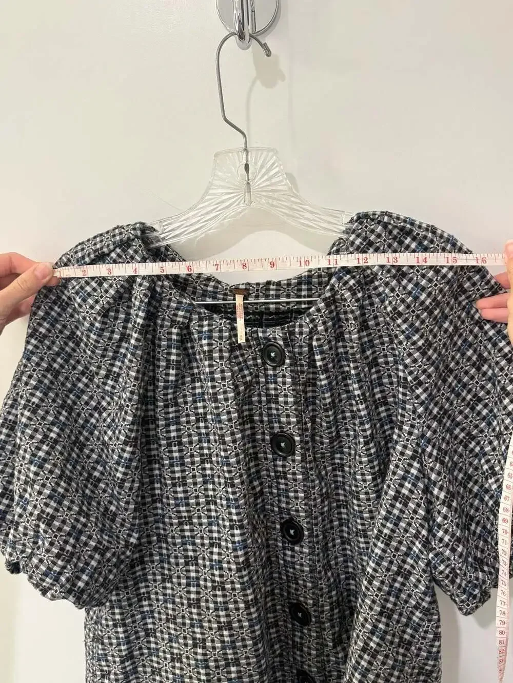 Free People Plaid Button-Down Puff Sleeve Top